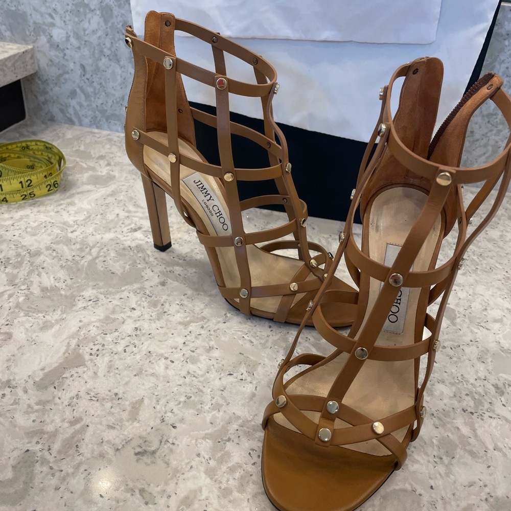 AUTHENTIC Jimmy Choo Designer  Brown Genuine Leather Peep Toe Stiletto Heels37.5